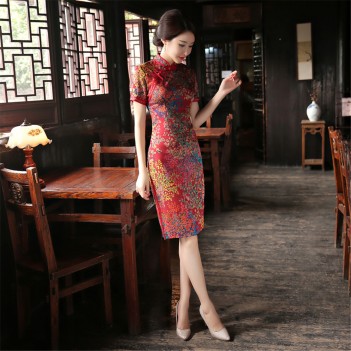 Knee length peony pattern silk & linen cheongsam Chinese dress