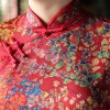 Knee length peony pattern silk & linen cheongsam Chinese dress