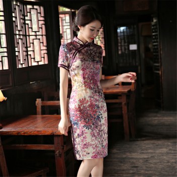 Pink knee length peony pattern silk & linen cheongsam Chinese dress