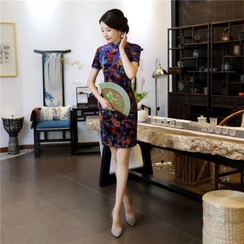 Cap sleeve mandarin collar dark blue short Chinese summer dress
