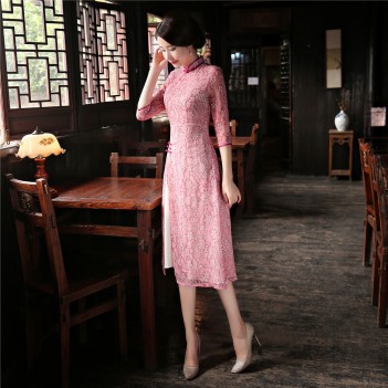 Short sleeve mandarin collar pink flroal Chinese dress