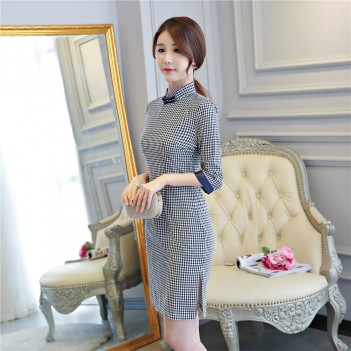 Half sleeve mandarin collar stripe linen Chinese dress
