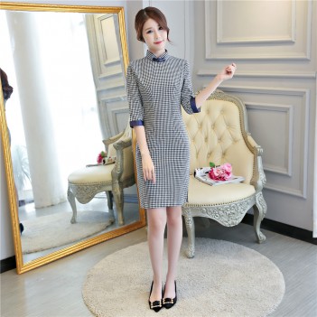 Half sleeve mandarin collar stripe linen Chinese dress