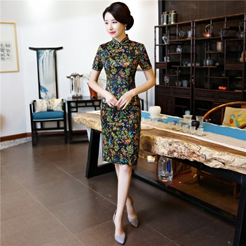 Short sleeve mandarin collar floral printed short qipao