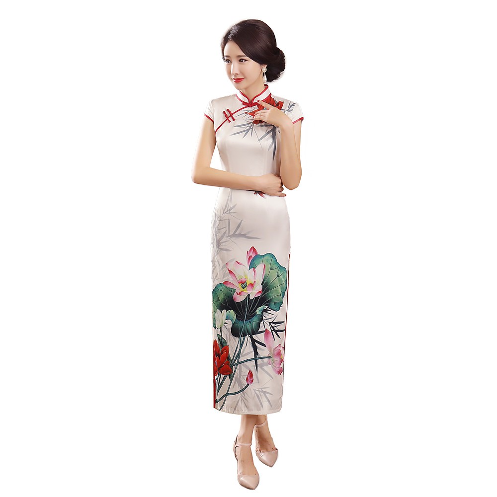 Lotus floral printed mandarin collar traditional Chinese dress