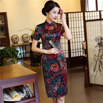 Short sleeve floral rayon cheongsam Chinese dress