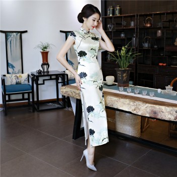 Cap sleeve rayon Cheongsam full Length Chinese dress