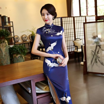 Cap sleeve crane print tea length cheongsam Chinese dress