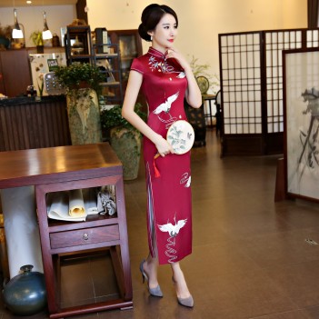 Red cap sleeve crane print tea length cheongsam Chinese dress