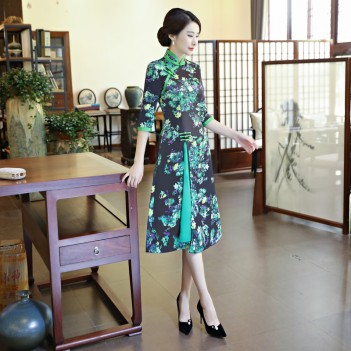 Cheongsam knee length green floral two-piece dress