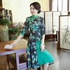Cheongsam knee length green floral two-piece dress