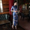 Half sleeve dark blue floral print full length cheongsam evening dress