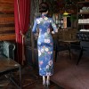 Half sleeve dark blue floral print full length cheongsam evening dress