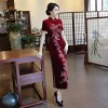 Floral print short sleeve full length velvet cheongsam Chinese dress