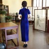 Dark blue floral print short sleeve full length velvet cheongsam Chinese dress