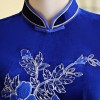 Dark blue floral print short sleeve full length velvet cheongsam Chinese dress