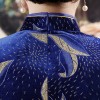 Knee length leaves dark blue velvet cheongsam Chinese dress with strap buttons