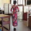 Half sleeve floral print full length cheongsam Chinese dress