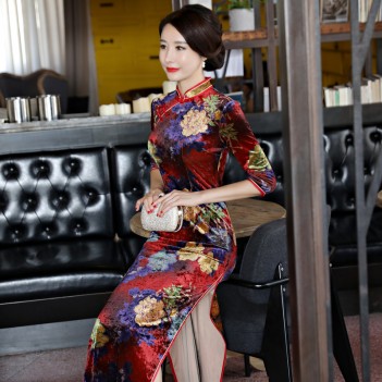 Half sleeve red floral print full length cheongsam Chinese dress