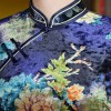 Half sleeve dark blue floral print full length cheongsam Chinese dress