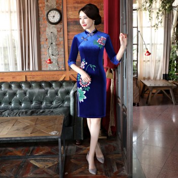 Dark blue half sleeve floral velvet cheongsam Chinese Dress