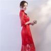 Flroal embroidered red lace A line mandarin collar wedding dress