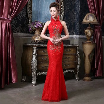 Phoenix embroidery brocade cheongsam Chinese wedding dress