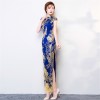 Full length dark blue cheongsam evening dress with floral embroidery