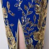 Full length dark blue cheongsam evening dress with floral embroidery