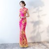 Rose red key hole neck cheongsam Chinese dress with lace floral embroidery