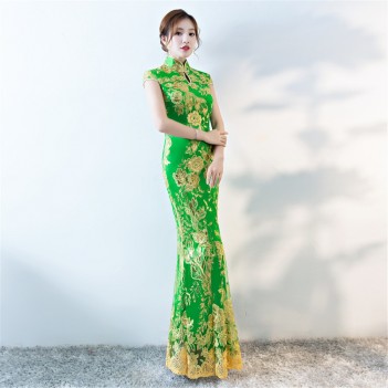 Green key hole neck cheongsam Chinese dress with lace floral embroidery