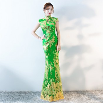 Green key hole neck cheongsam Chinese dress with lace floral embroidery