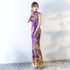 Purple key hole neck cheongsam Chinese dress with lace floral embroidery
