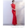 Red cheongsam Chinese dress with lace floral embroidery
