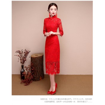 Half sleeve knee length floral lace cheongsam Chinese dress