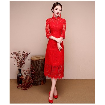 Half sleeve knee length floral lace cheongsam Chinese dress
