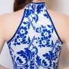 Blue floral printed long white cheongsam dress