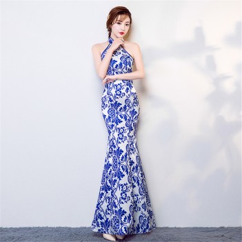 Blue floral printed long white cheongsam dress