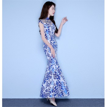 Full length blue Cheongsam floral Chinese dress