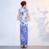 Blue full Length floral rayon cheongsam Chinese dress