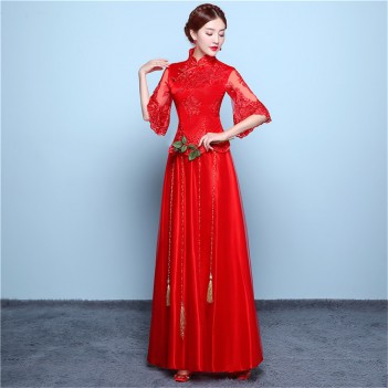 Red lace half sleeve Aline Chinese wedding dress