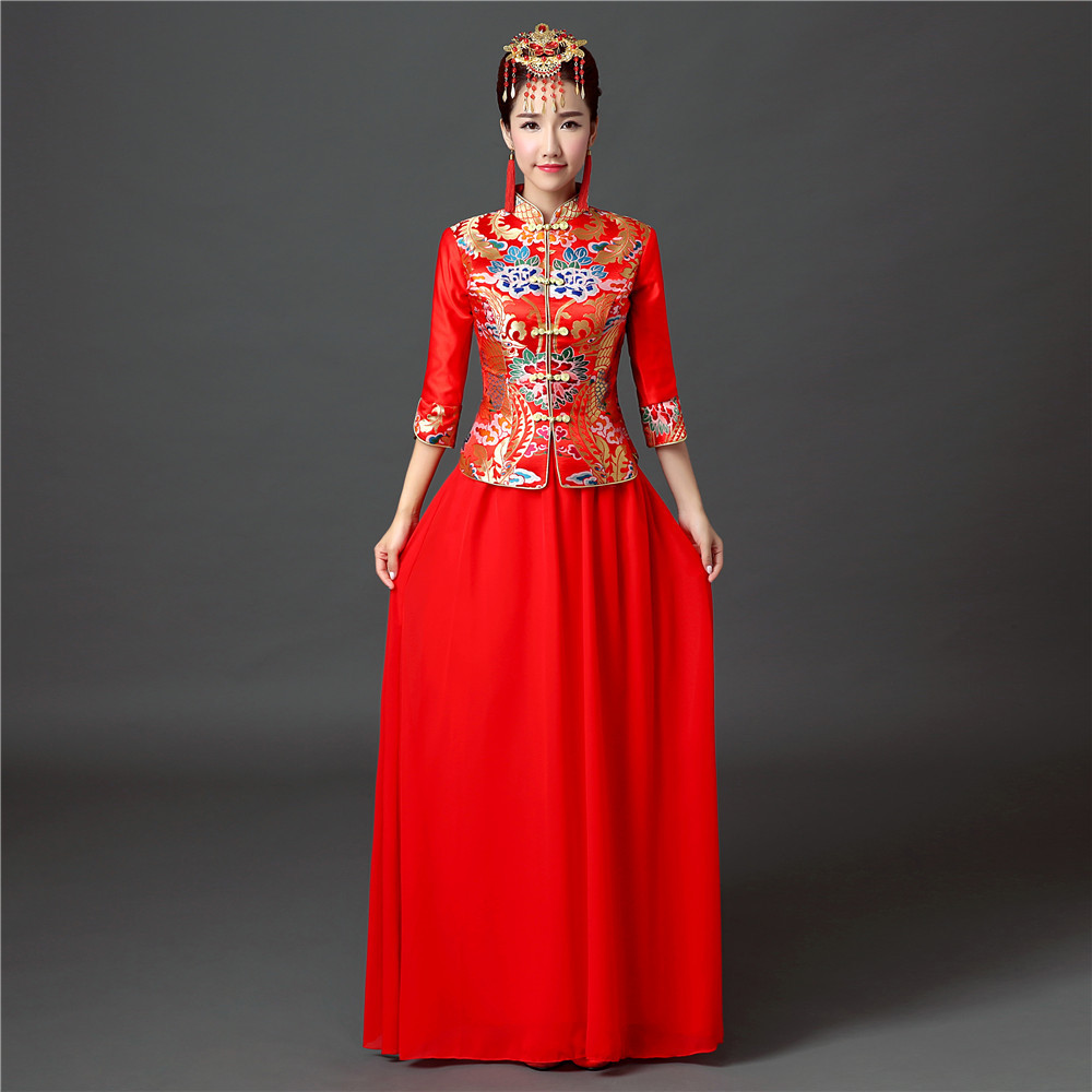 Half sleeve full length cheongsam Chinese wedding dress