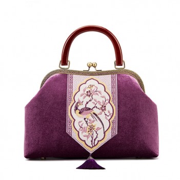 Retro velvet bag antique bag Phoenix embroidery tassel bag purple handbag large capacity bag