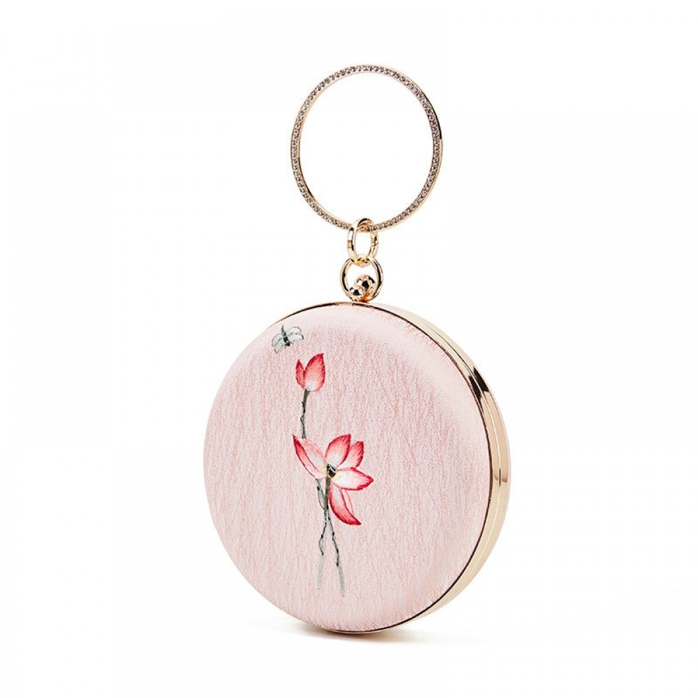 Antique small round bag pink lotus embroidery Hanfu bag handbag shoulder messenger mouth gold bag