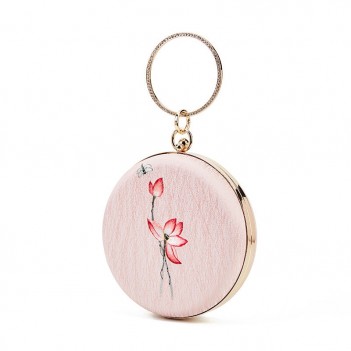Antique small round bag pink lotus embroidery Hanfu bag handbag shoulder messenger mouth gold bag