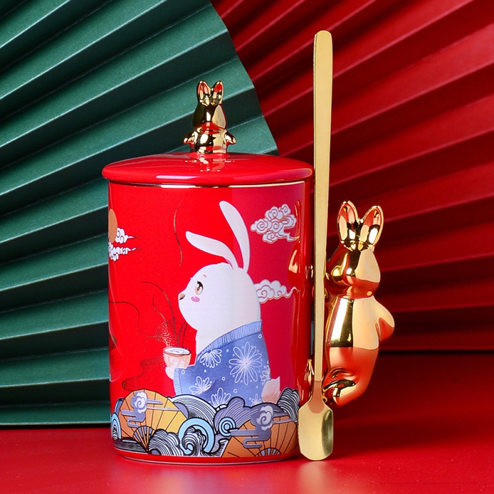 National Tide Mug Yutu Mug Year Of The Rat Creative Ceramic Mug Chinese Style Personality Large Capacity Coffee Cup With Lid